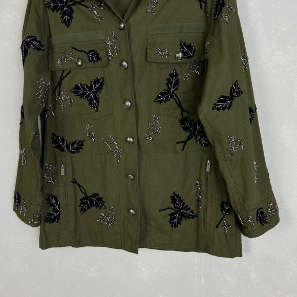 The Kooples women size M leaf embroidered jacket green 100% cotton beaded - Picture 3 of 15